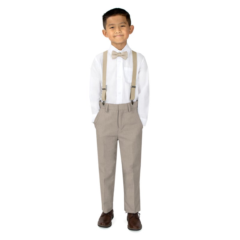 Spring Notion Boys' 4-Piece Suspender Outfit Tan & White Set w/Champagne Suspenders 12 - Image 1